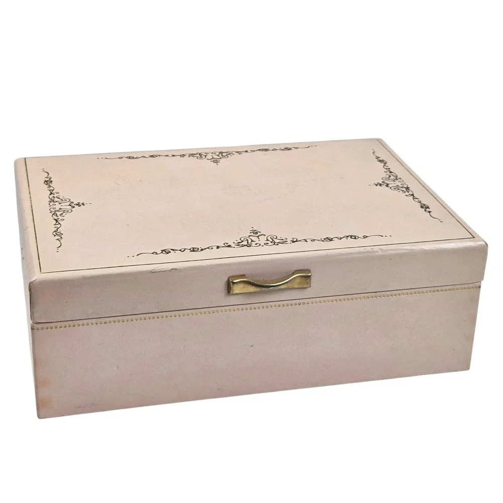 Vtg 1950s Bond St Jewel Case Jewelry Box Blush Pink Gold Crown Satin Lined MCM